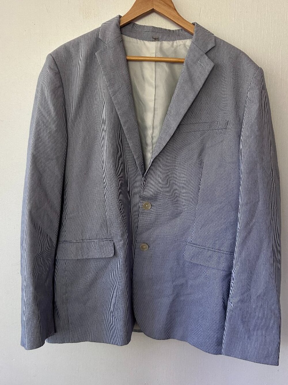 Express Photographer Blazer Mens 42R Blue Striped Seersucker Pockets 2-Button